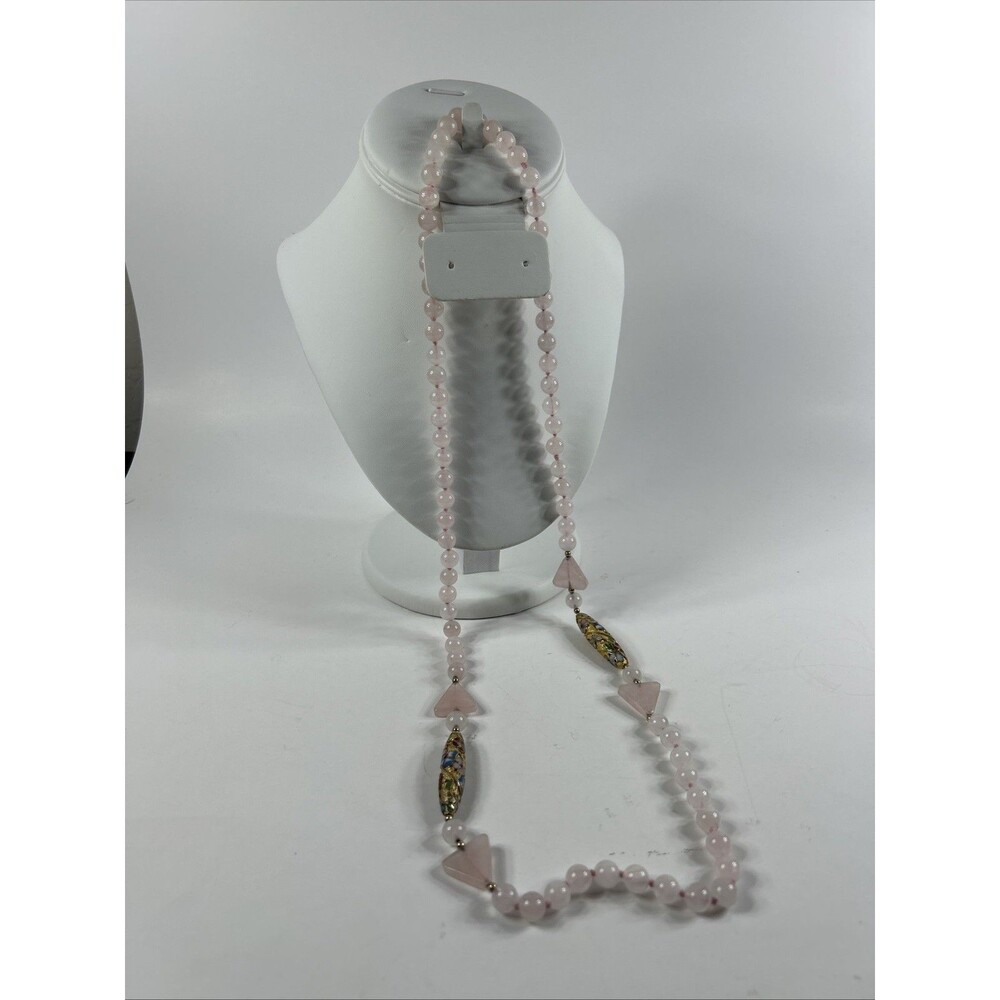 Rose Quartz Cloisonné Necklace 15” Round Beaded Vintage
